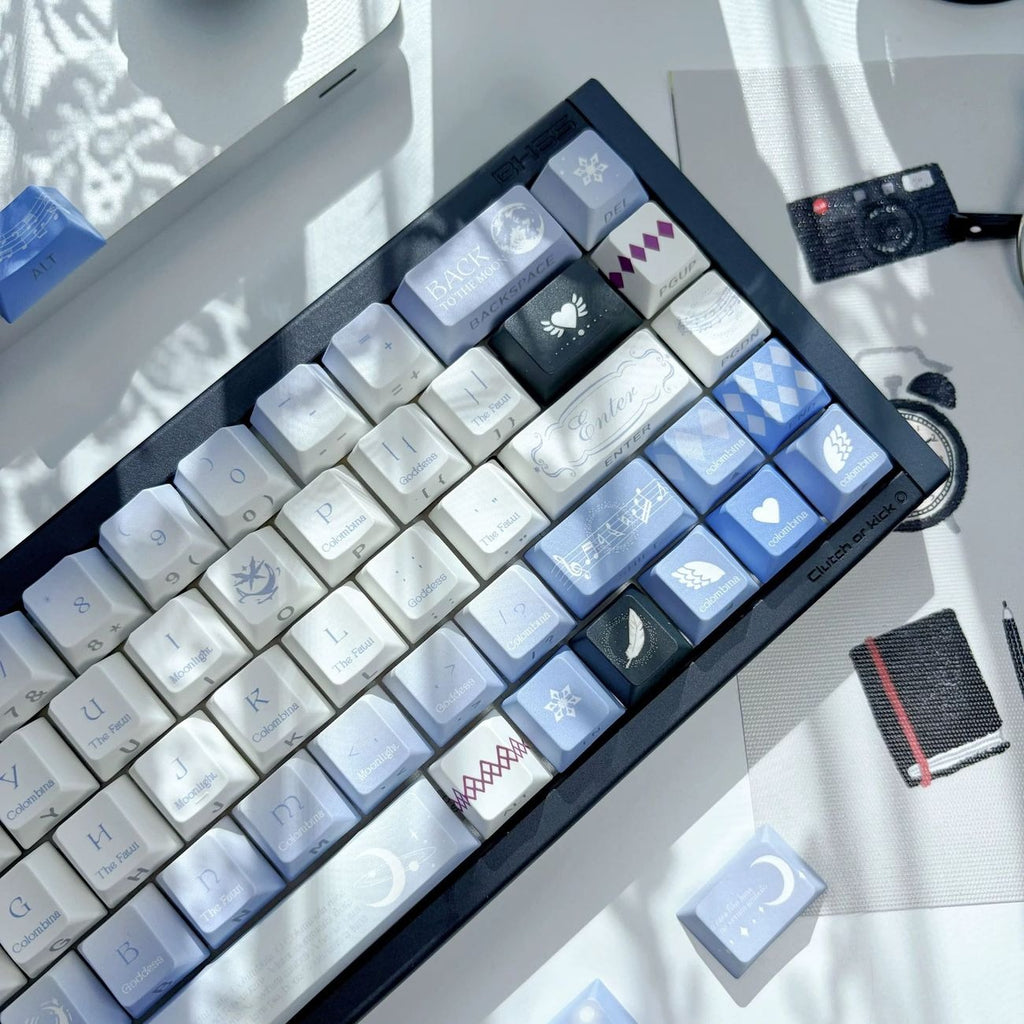 NICO Moon Girl fantasy keycap set designed with celestial elements, dreamy colors, and anime inspired artwork. Made from durable PBT material, these custom mechanical keyboard keycaps add a magical moonlit atmosphere to gaming setups and creative workspaces.