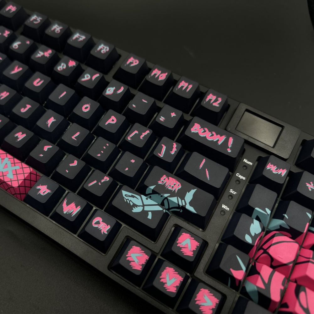 Jinx PBT Graffiti custom keycaps League of Legends Themed Keycaps,This keycap set is compatible with 104-key full-size, 87-key (TKL), 75% (84-key), 65% (68-key), and 60% (61-key) layouts, covering most standard and compact keyboard configurations.