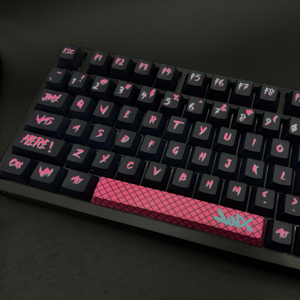 Jinx PBT Graffiti custom keycaps League of Legends Themed Keycaps,This keycap set is compatible with 104-key full-size, 87-key (TKL), 75% (84-key), 65% (68-key), and 60% (61-key) layouts, covering most standard and compact keyboard configurations.