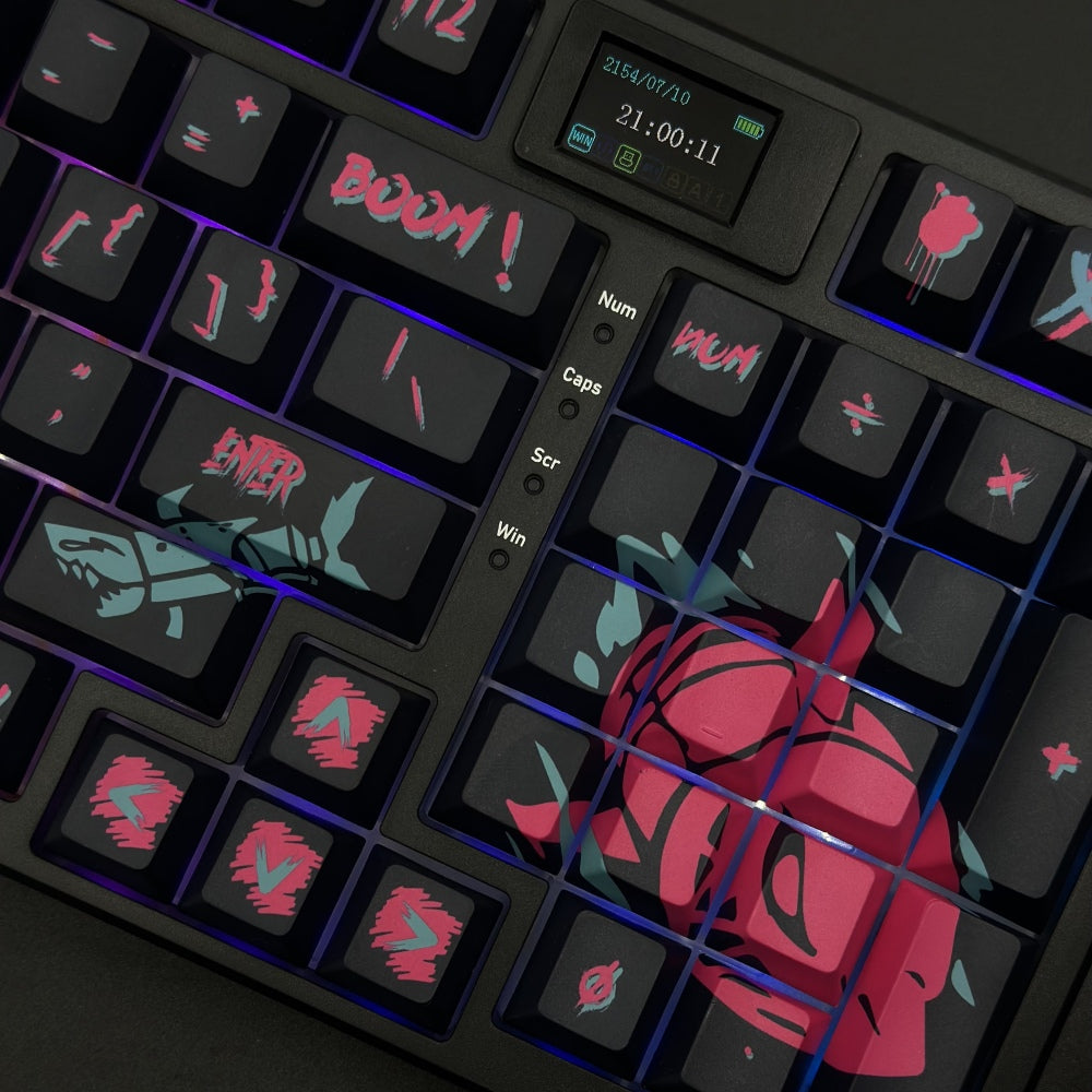 Jinx PBT Graffiti custom keycaps League of Legends Themed Keycaps,This keycap set is compatible with 104-key full-size, 87-key (TKL), 75% (84-key), 65% (68-key), and 60% (61-key) layouts, covering most standard and compact keyboard configurations.