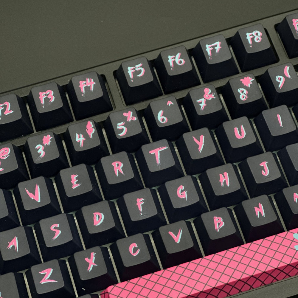 Jinx PBT Graffiti custom keycaps League of Legends Themed Keycaps,This keycap set is compatible with 104-key full-size, 87-key (TKL), 75% (84-key), 65% (68-key), and 60% (61-key) layouts, covering most standard and compact keyboard configurations.