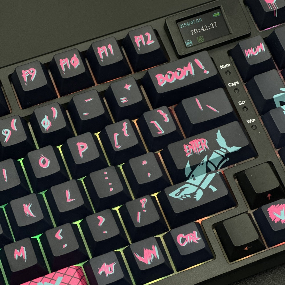 Jinx PBT Graffiti custom keycaps League of Legends Themed Keycaps,This keycap set is compatible with 104-key full-size, 87-key (TKL), 75% (84-key), 65% (68-key), and 60% (61-key) layouts, covering most standard and compact keyboard configurations.