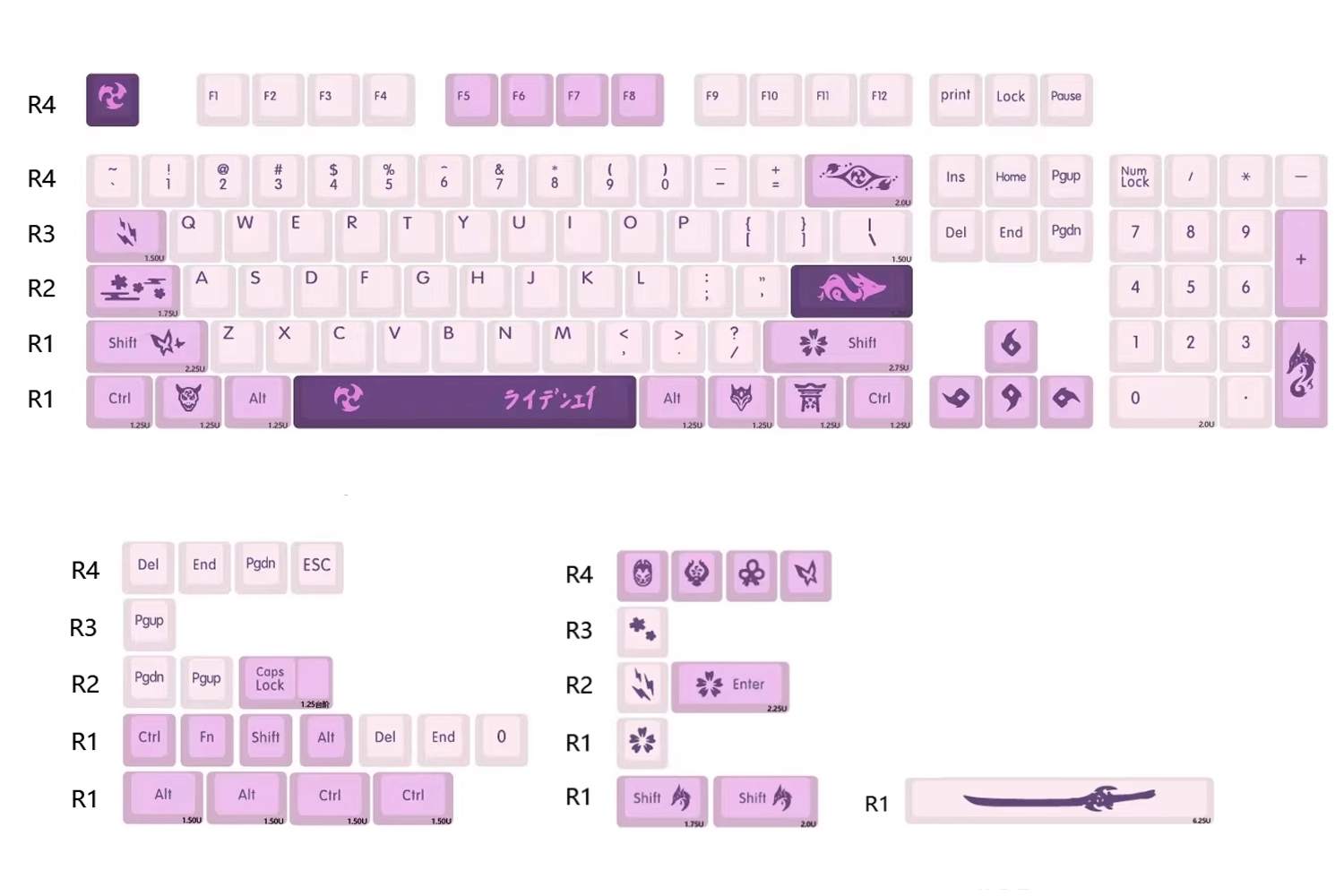 Custom Raiden Shogun and Yaemiko keycap set for 60%-100% keyboards, Genshin Impact-inspired PBT keycaps.
