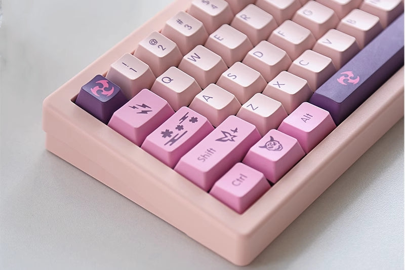 Genshin Impact Raiden Shogun & Yaemiko keycaps, durable PBT Cherry profile keycap set for enthusiasts.
