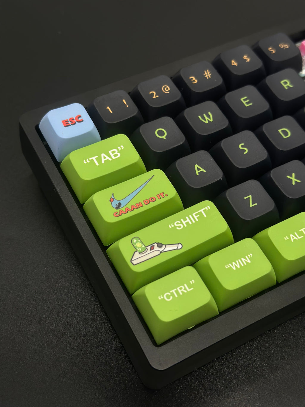 Mechanical keyboard keycap set by aiheystudio themed around Rick and Morty, with full 135-key layout.