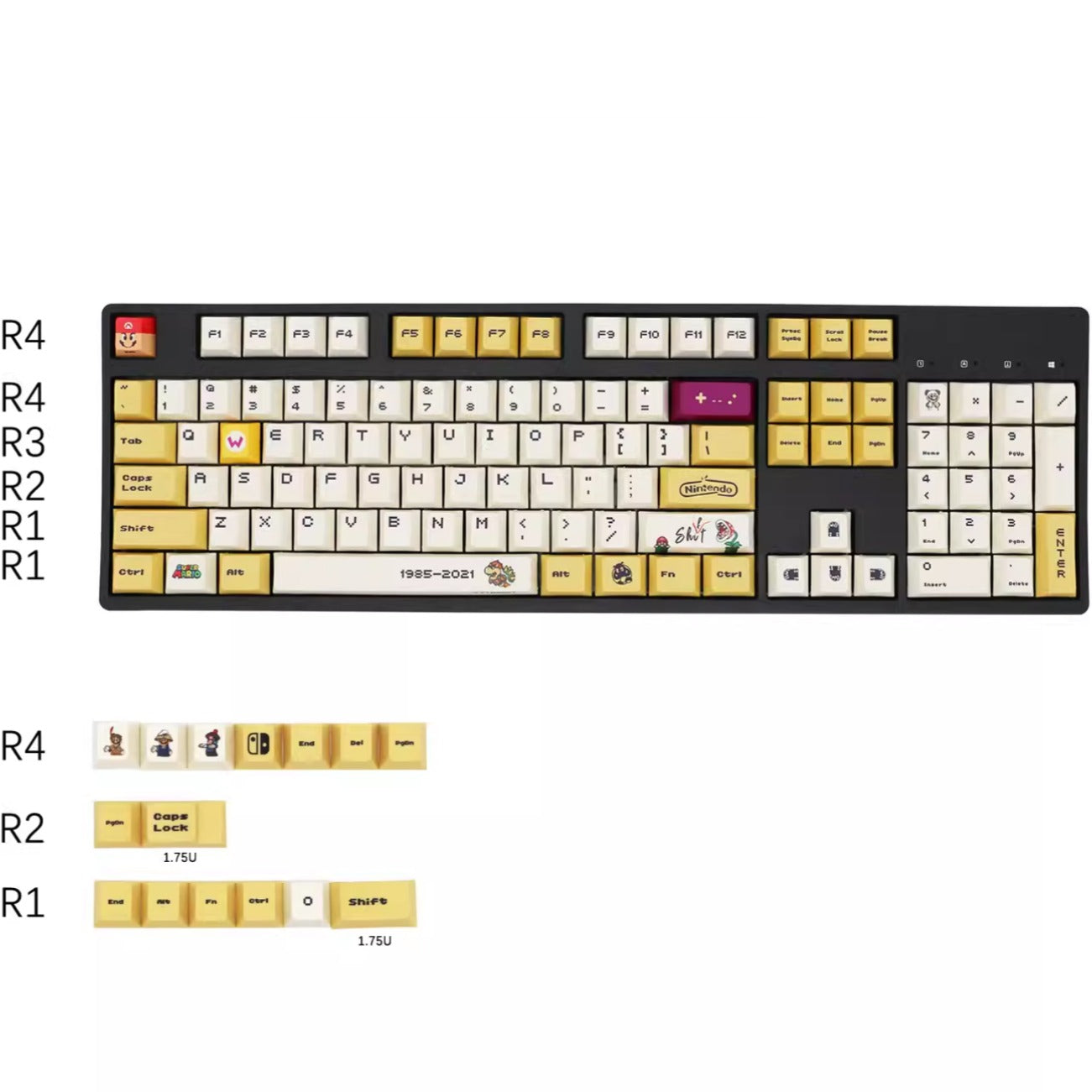 120-key Super Mario Bros. 35th anniversary keycap set, crafted from PBT material. Perfect for adding retro charm to your keyboard.

