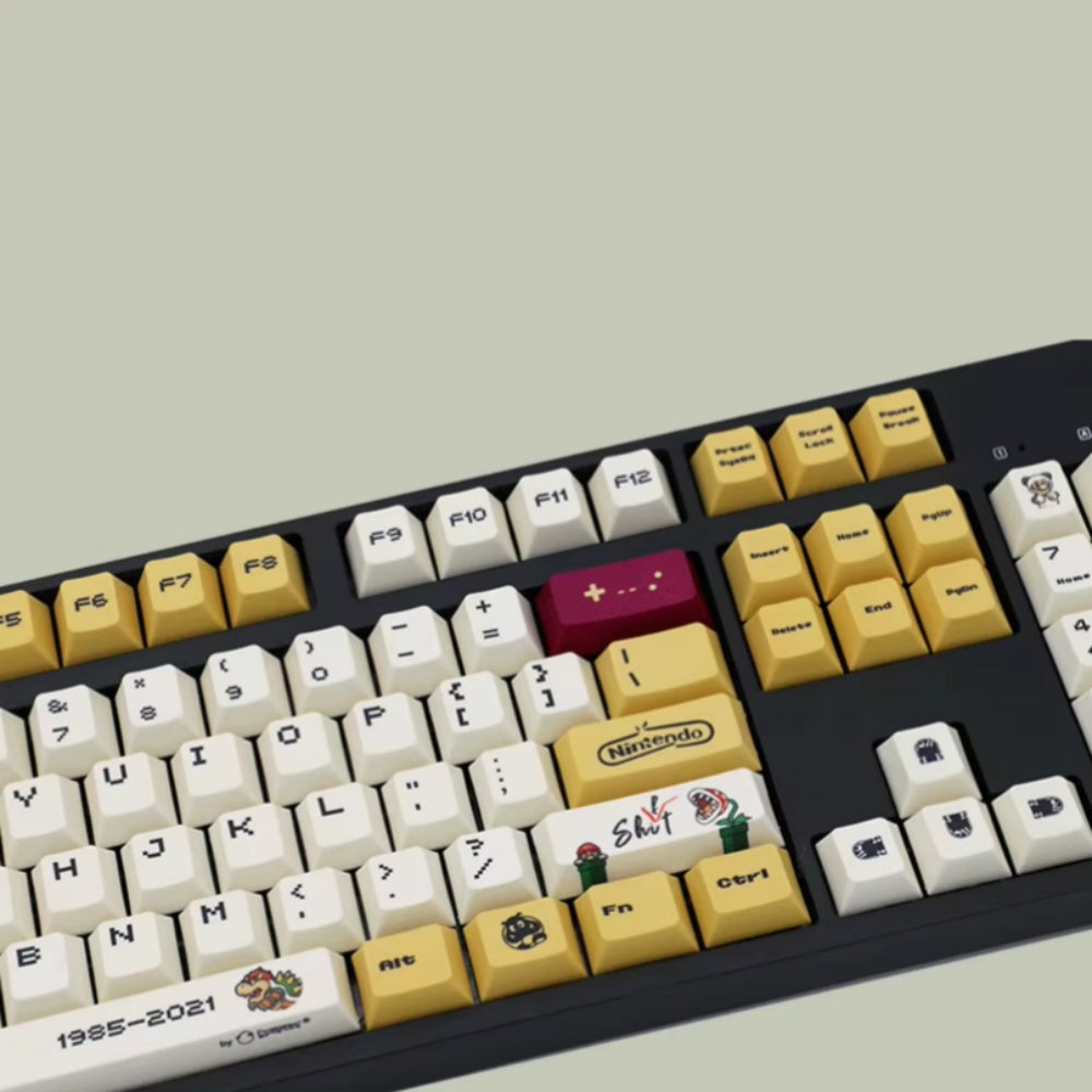 Durable Super Mario Bros. 35th anniversary keycap set, 120 custom PBT keys, for mechanical keyboards with Cherry MX switches.
