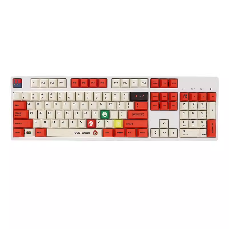 Super Mario Bros. 35th Anniversary custom keycap set, 120 PBT keys. Ideal for fans seeking a Mario-themed keyboard upgrade.

