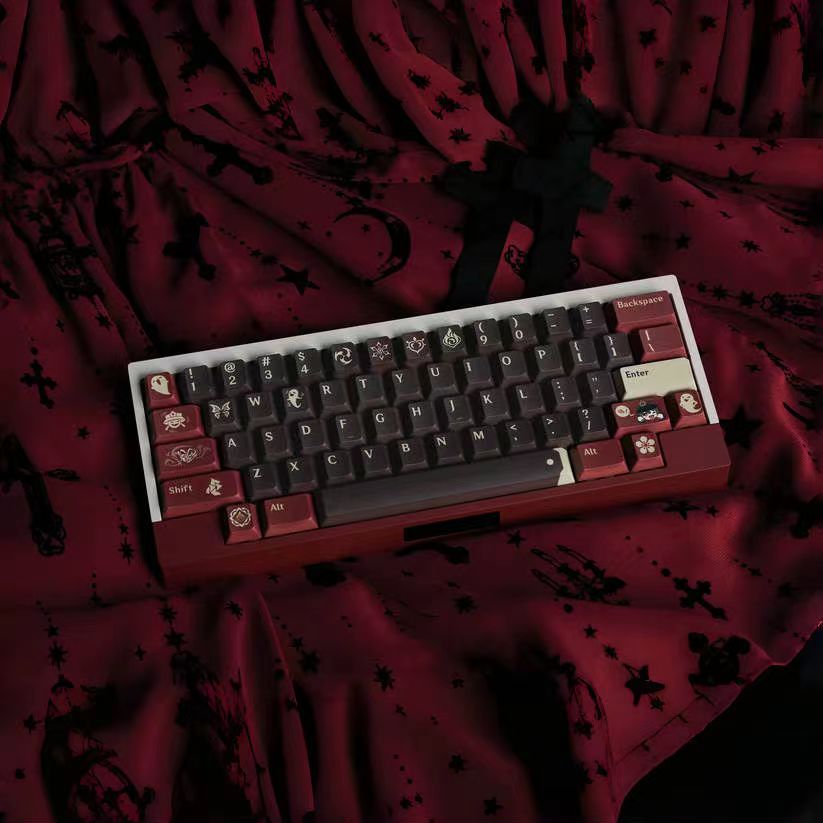 Versemonger of the Darkest Alleys Hutao keycaps set, featuring vibrant designs inspired by Genshin Impact for mechanical keyboards. design by aihey studio