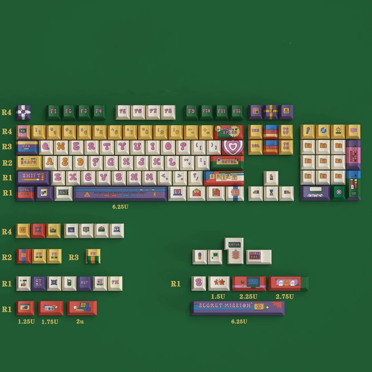 Close-up of aiheystudio’s PBT keycaps shaped like tiny round sweets with vibrant pastel colors.
