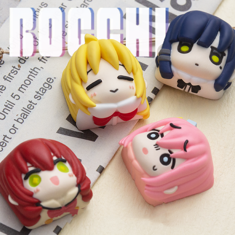 Anime-themed artisan keycap by AiheyStudio, with Bocchi the Rock! characters Hitori Gotoh, Nijika Ijichi, Ryou Yamada, and Ikuyo Kita.