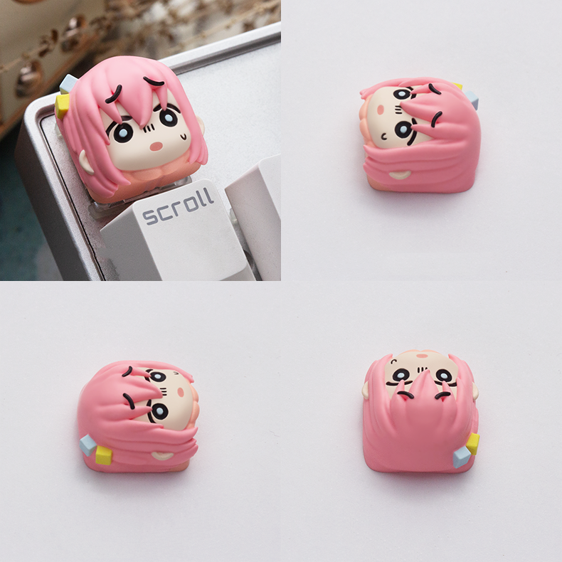 Custom Bocchi the Rock! keycap by AiheyStudio with Hitori, Nijika, Ryou, and Ikuyo—perfect for anime fans looking to personalize their setup.