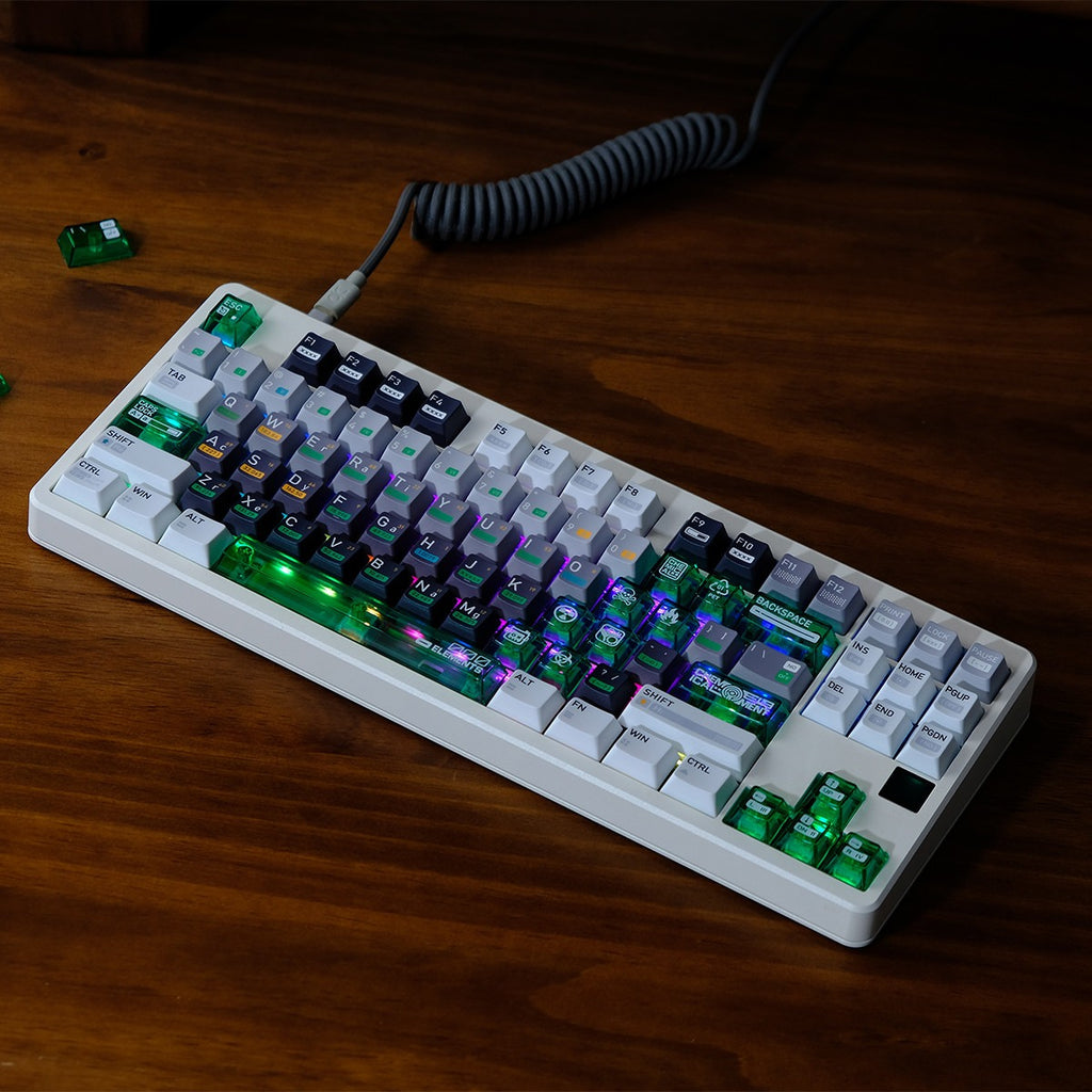 science-lab-inspired-keycap-set-with-periodic-element-design-dark-gray-light-gray-and-green-translucent-keys-for-custom-mechanical-keyboards