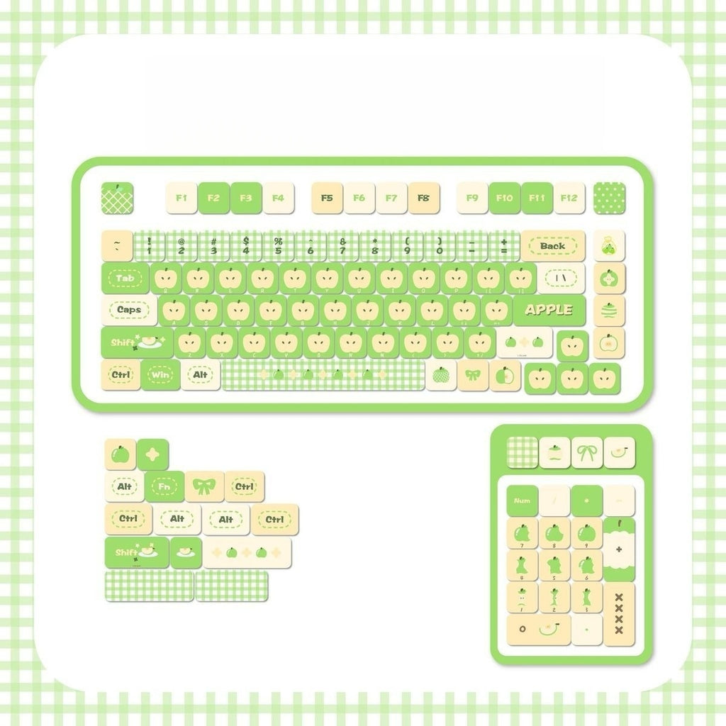 Cottagecore style mechanical keyboard keycaps inspired by green apple orchard and spring picnic themes
