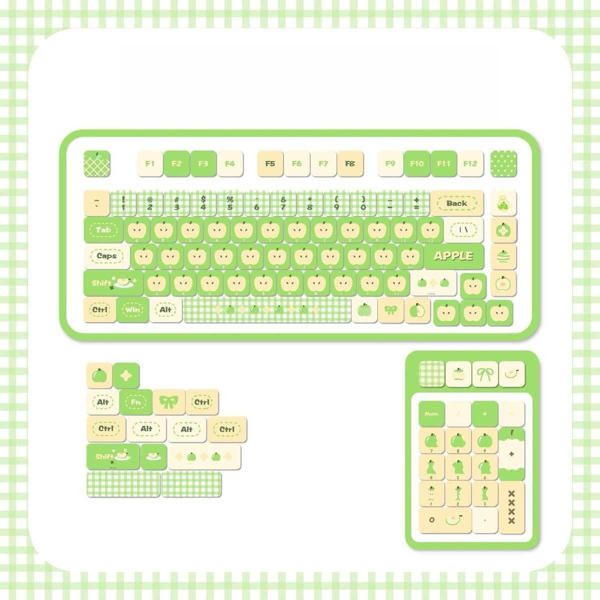 Cottagecore style mechanical keyboard keycaps inspired by green apple orchard and spring picnic themes