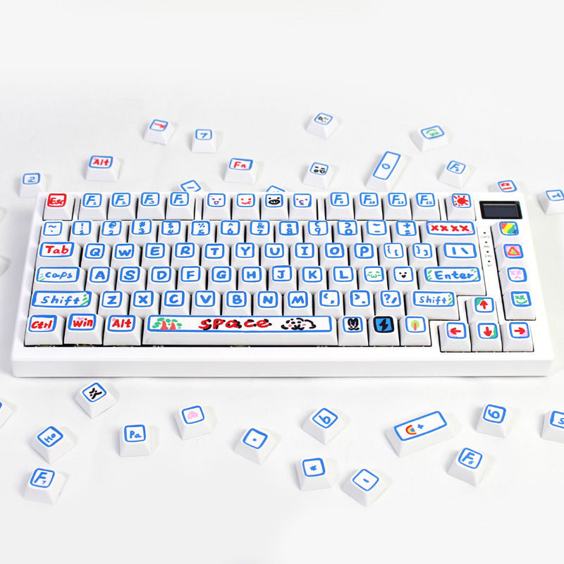 AiheyStudio’s pink and blue hand-painted graffiti keycap set, combining vibrant cartoon art with durable PBT material