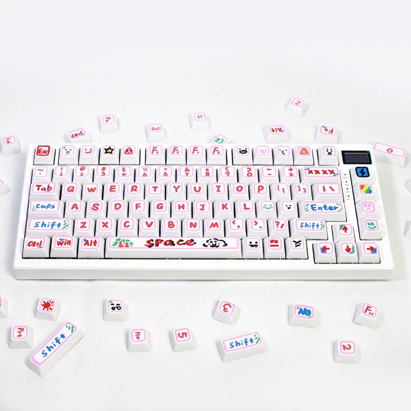 Cartoon graffiti-inspired custom keycap set by AiheyStudio, blending pink and blue colors for a stylish look