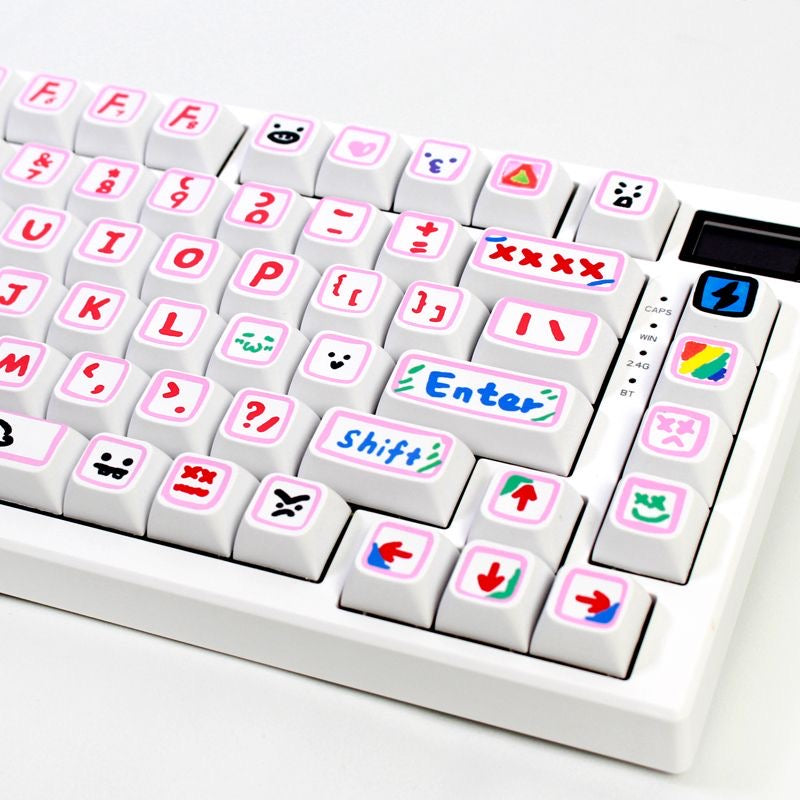 Cartoon graffiti-inspired custom keycap set by AiheyStudio, blending pink and blue colors for a stylish look