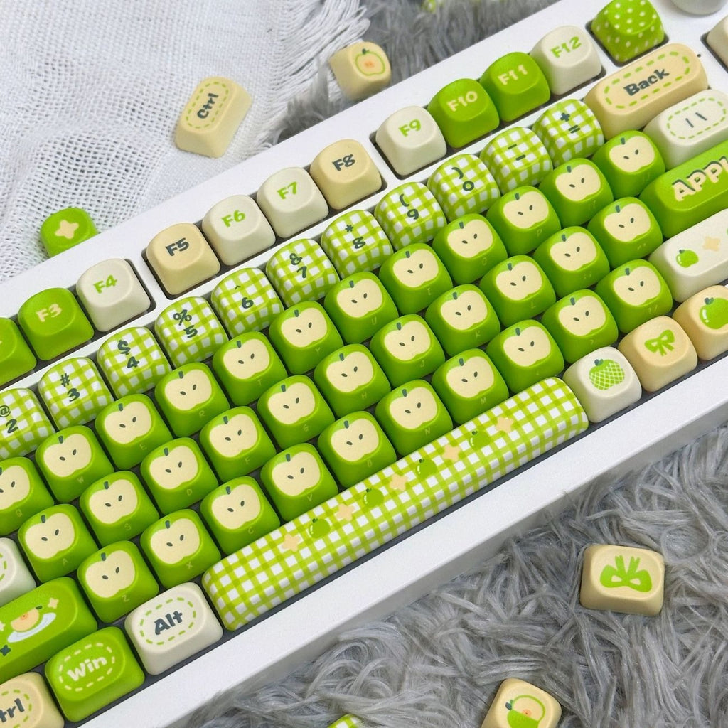 Cute apple character PBT keycaps with MOA profile design for personalized mechanical keyboards