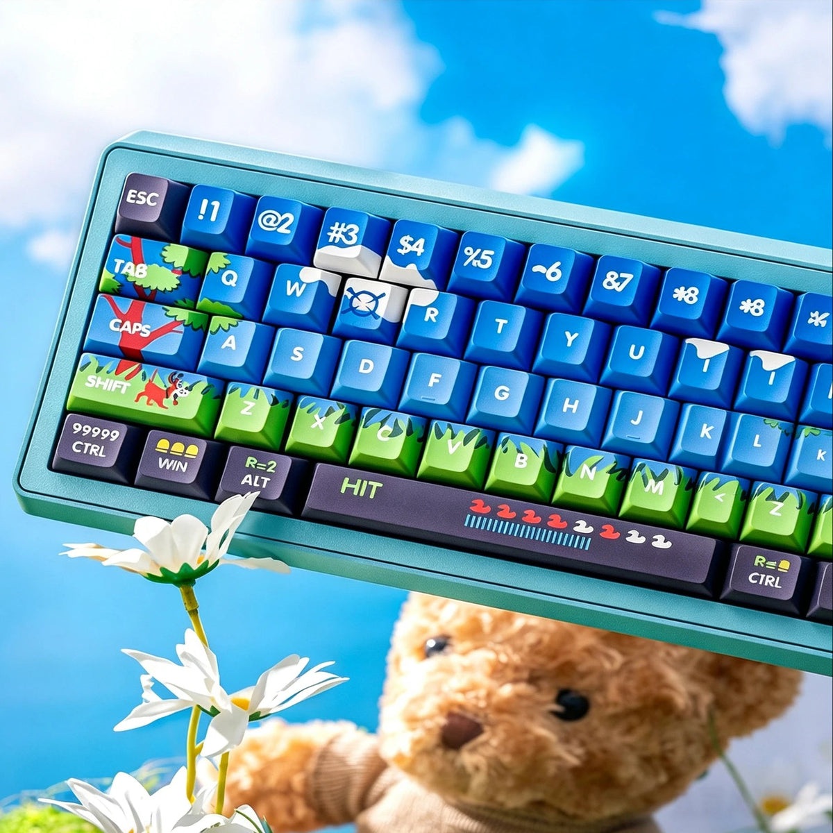 Duck Hunt pixel art keycaps with hunting dog and ducks