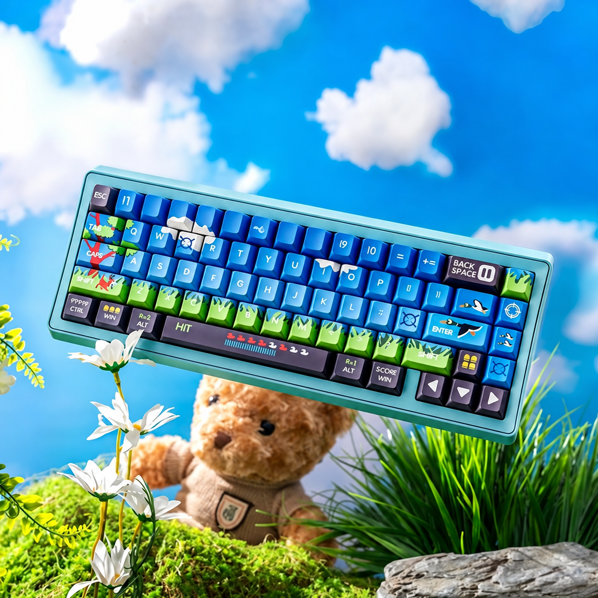 Duck Hunt 130-key pixel art PBT keycap set on a mechanical keyboard