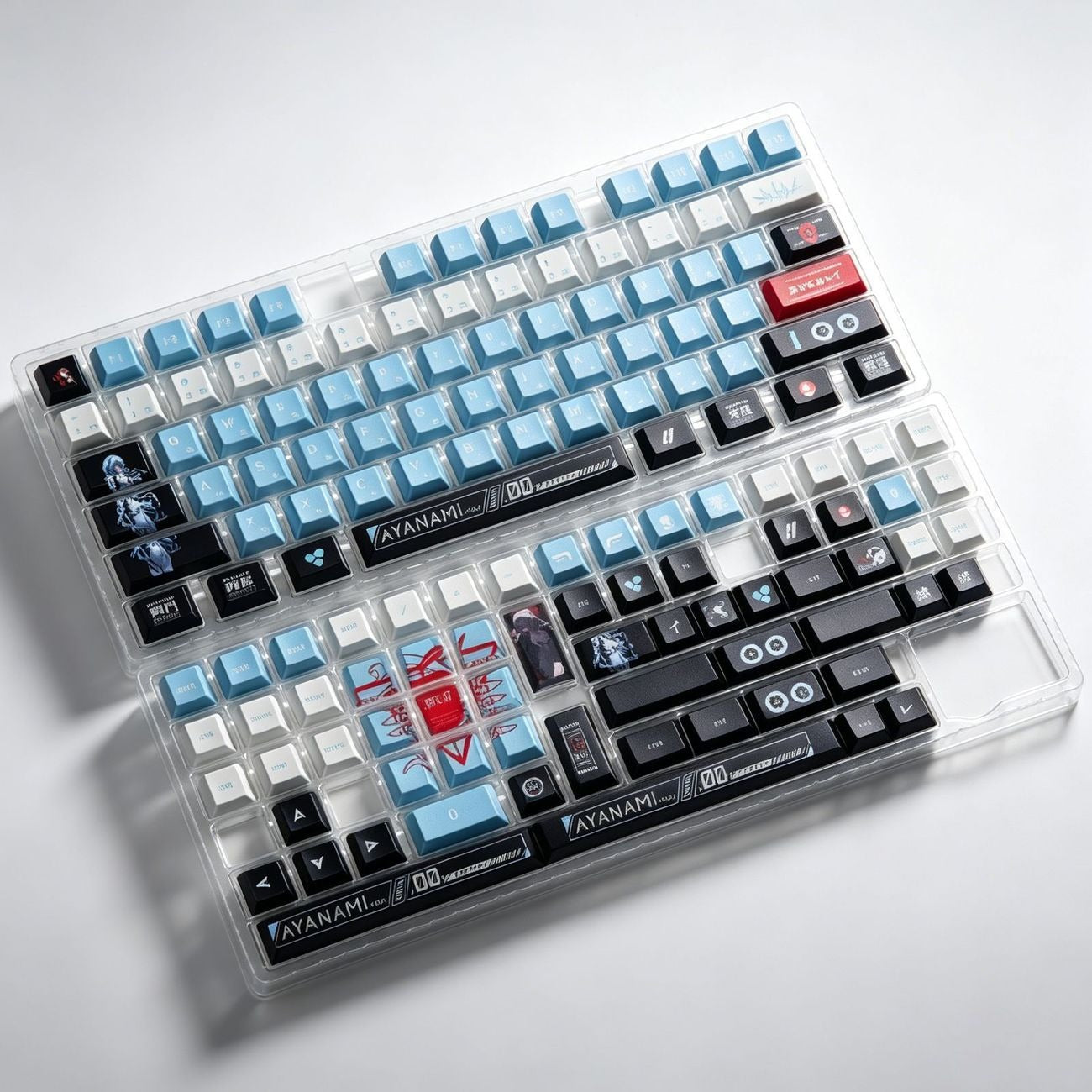 eva-ayanami-rei-inspired-pbt-keycap-set-with-ice-blue-white-mecha-design-nerv-interface-graphics-and-anime-character-art-for-mechanical-keyboards