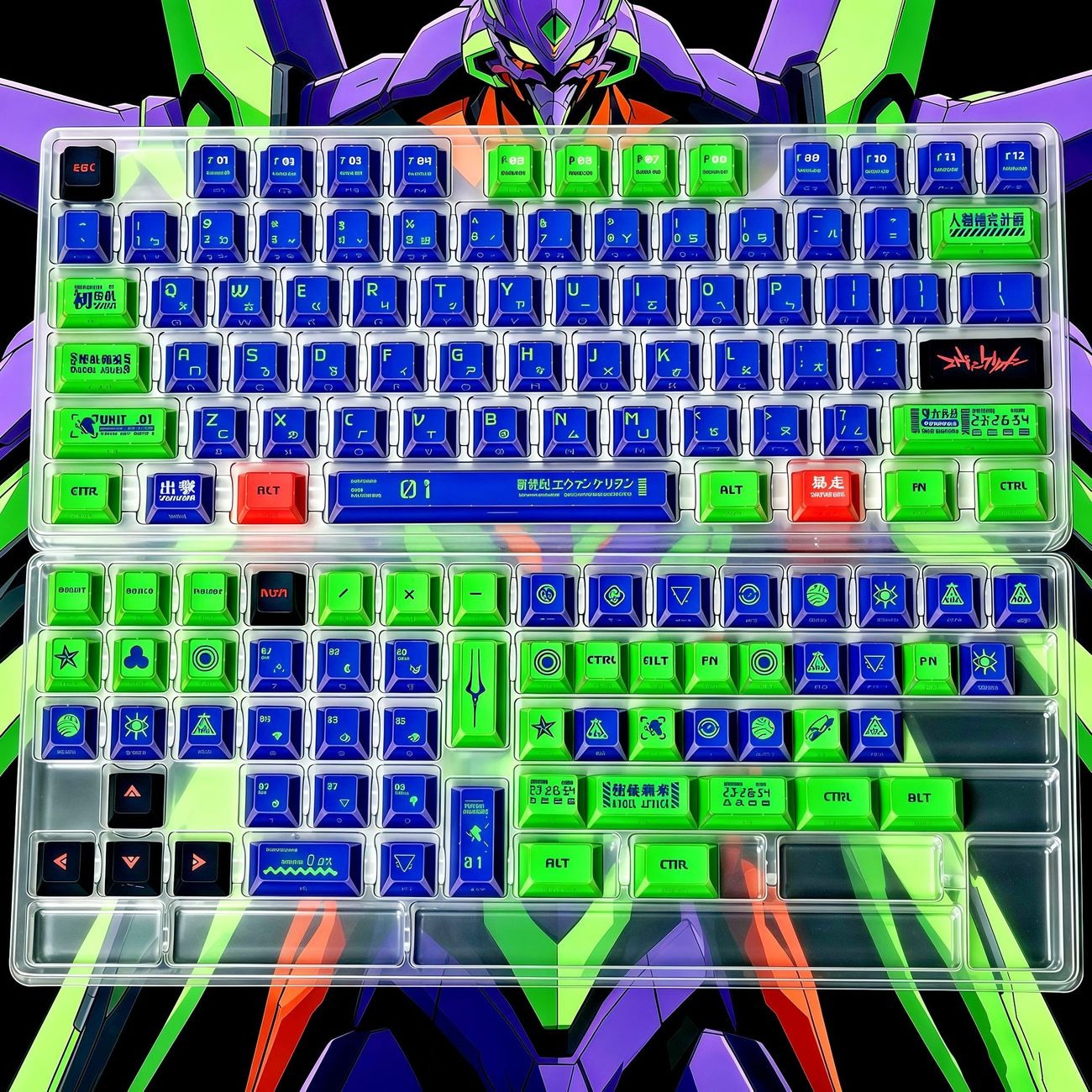 eva-unit-01-keycap-set-with-deep-purple-and-neon-green-color-theme-inspired-by-mecha-anime-design-for-custom-mechanical-keyboards-and-gaming-setups