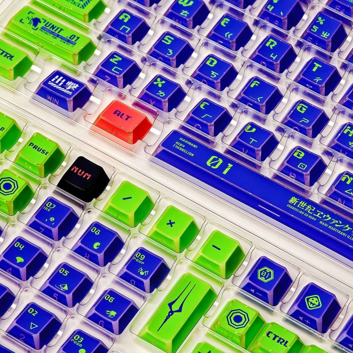 eva-unit-01-keycap-set-with-deep-purple-and-neon-green-color-theme-inspired-by-mecha-anime-design-for-custom-mechanical-keyboards-and-gaming-setups