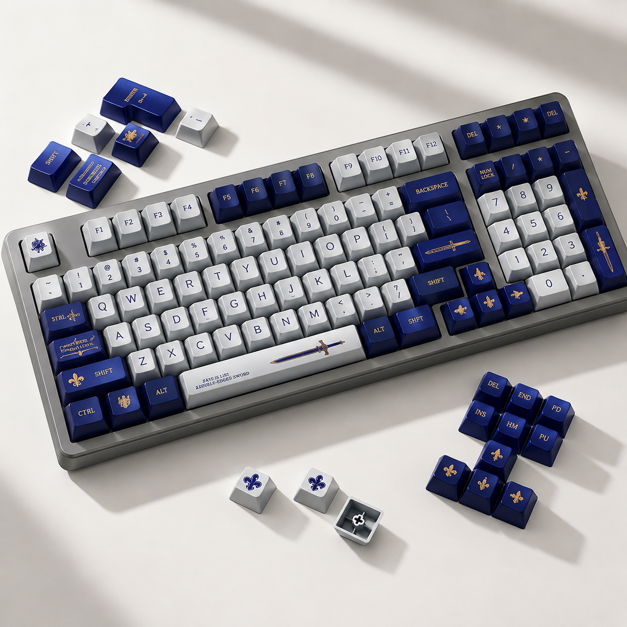 fate-saber-knight-inspired-pbt-keycap-set-with-royal-navy-design-gold-legends-and-excalibur-sword-artwork-for-anime-mechanical-keyboards