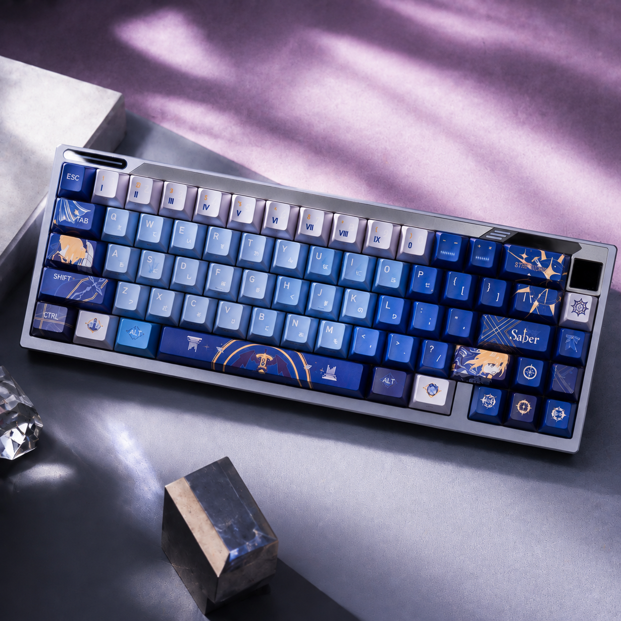 fate-stay-night-saber-inspired-pbt-keycap-set-with-sapphire-blue-gradient-design-magic-circle-patterns-and-anime-character-art-for-mechanical-keyboards