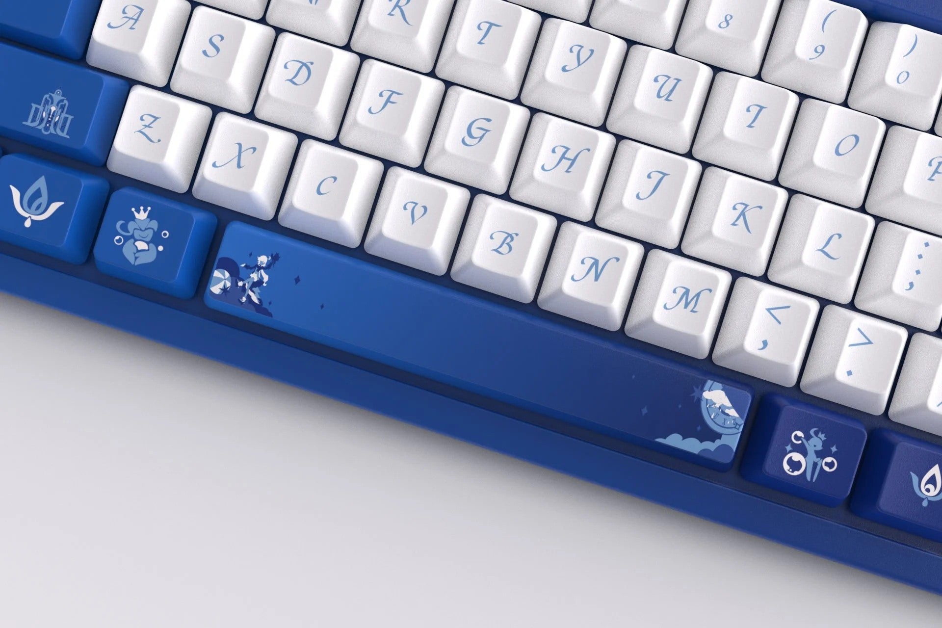 PBT Furina keycaps set inspired by Genshin Impact, ideal for fans looking to customize their keyboards.
