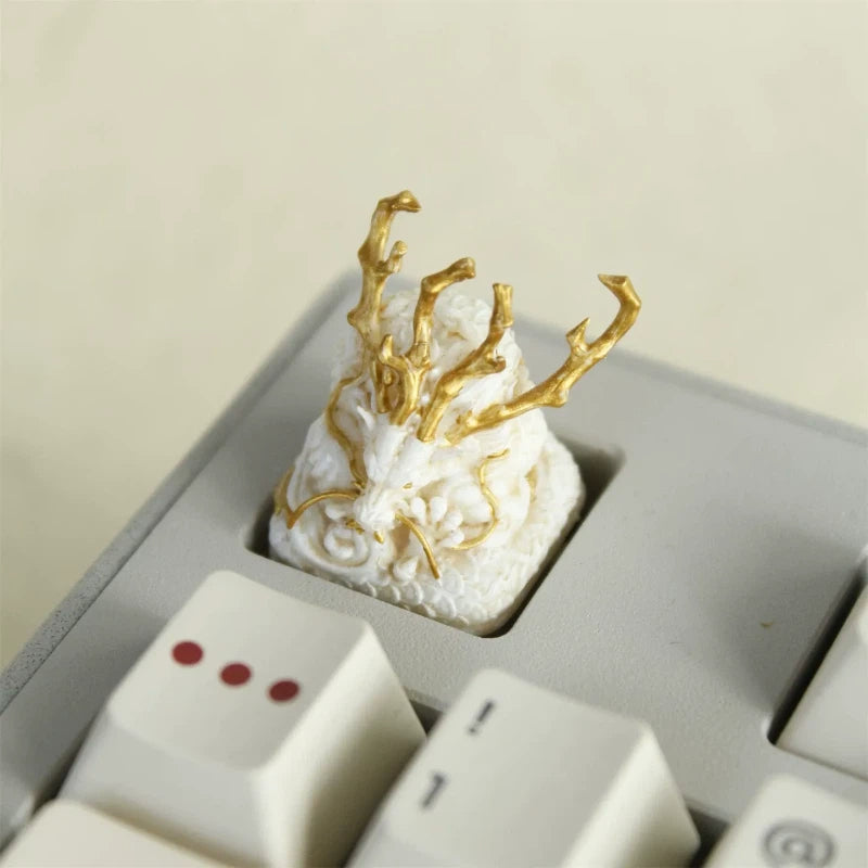 Golden long horned Oriental Dragon artisan keycap with detailed scales and fantasy creature design for custom keyboards