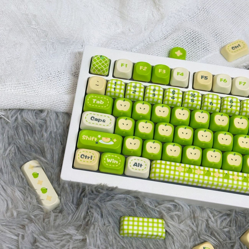 Green Apple Town PBT keycap set with cute apple theme design for MOA profile mechanical keyboards