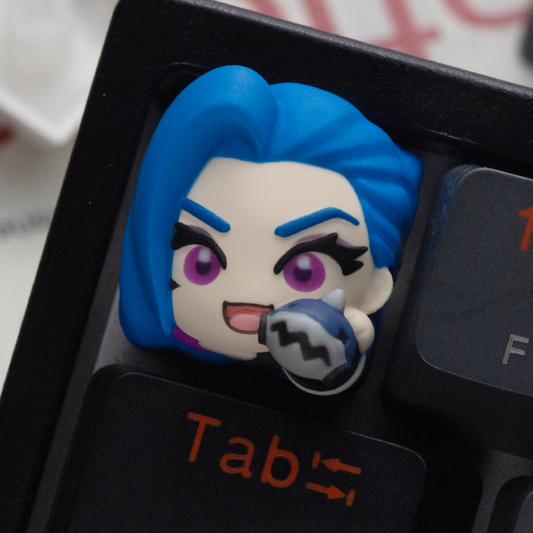 Handmade Jinx keycap with League of Legends design by AiheyStudio, capturing her iconic wild personality in every detail