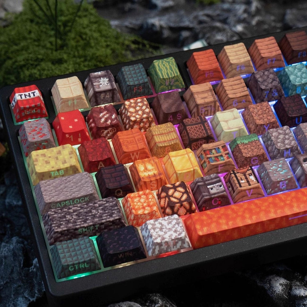 detailed-pixel-art-keycaps-with-block-textures-natural-colors-and-cubic-world-inspired-patterns-for-mechanical-keyboards