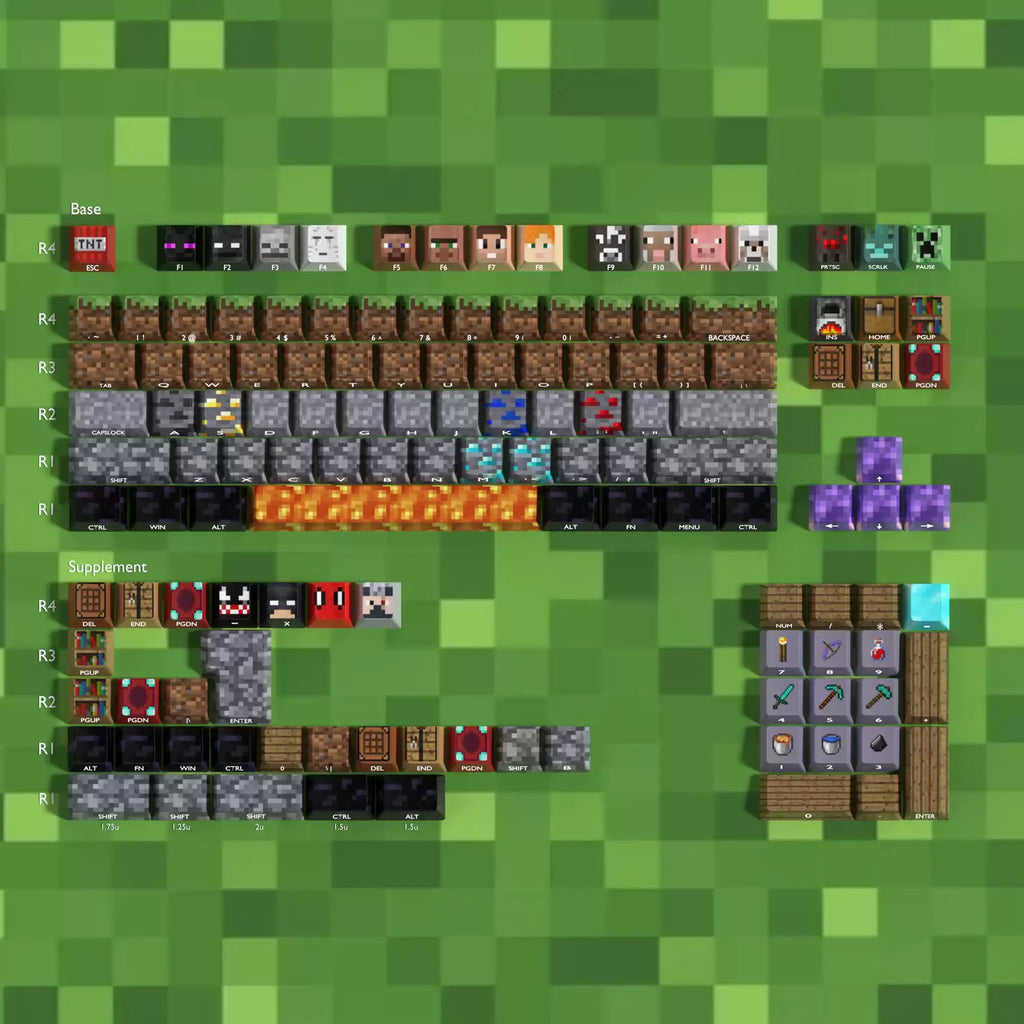 Minecraft PBT keycap set with five-sided dye sublimation and shine through legends for mechanical keyboards