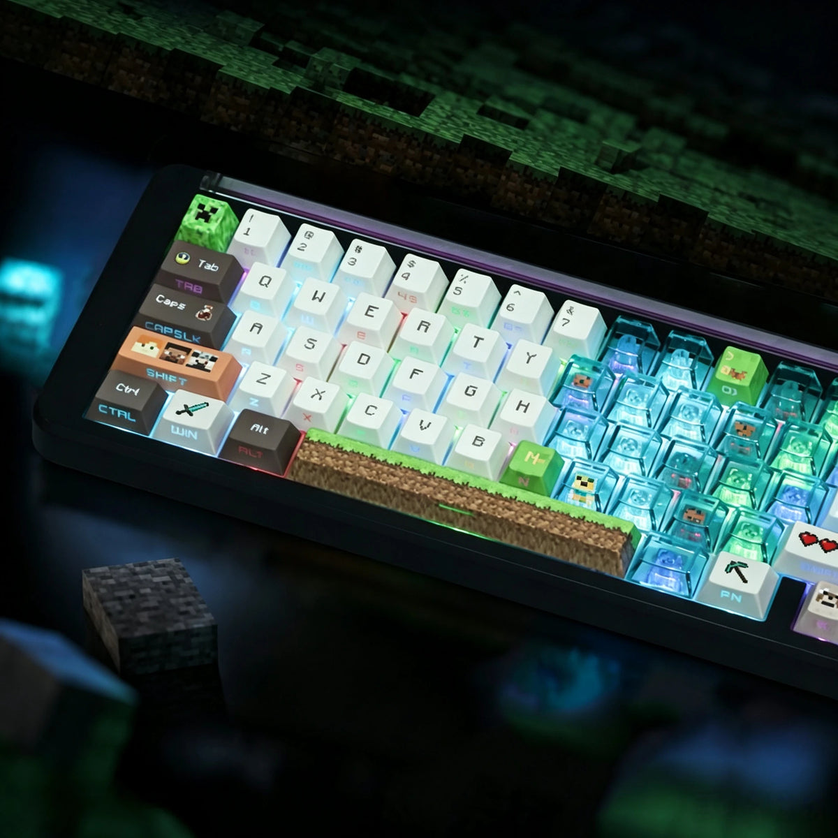 Minecraft side-legend transparent keycaps with pixel hearts