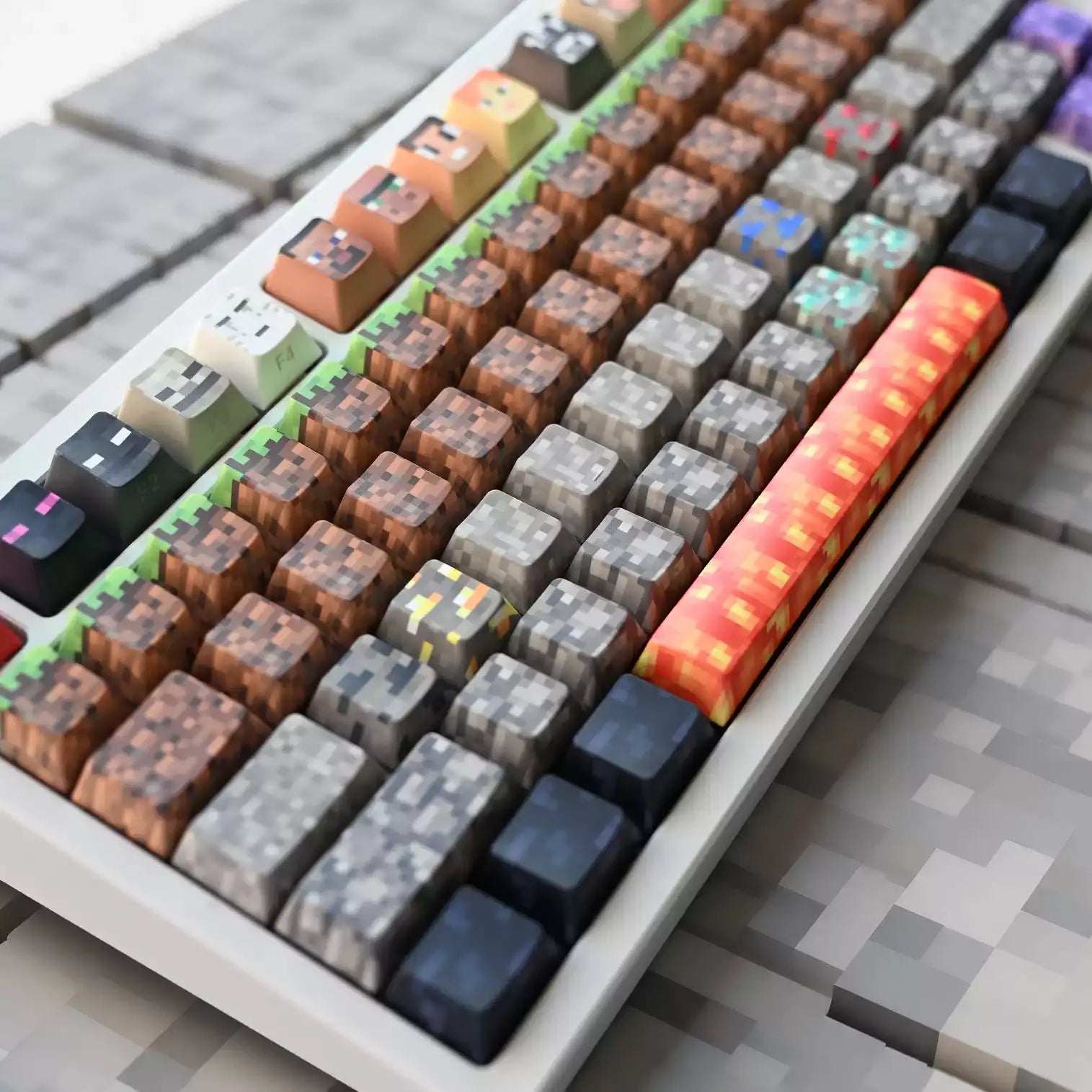 Minecraft pixel keycap collection featuring iconic game textures and character designs for gaming keyboards