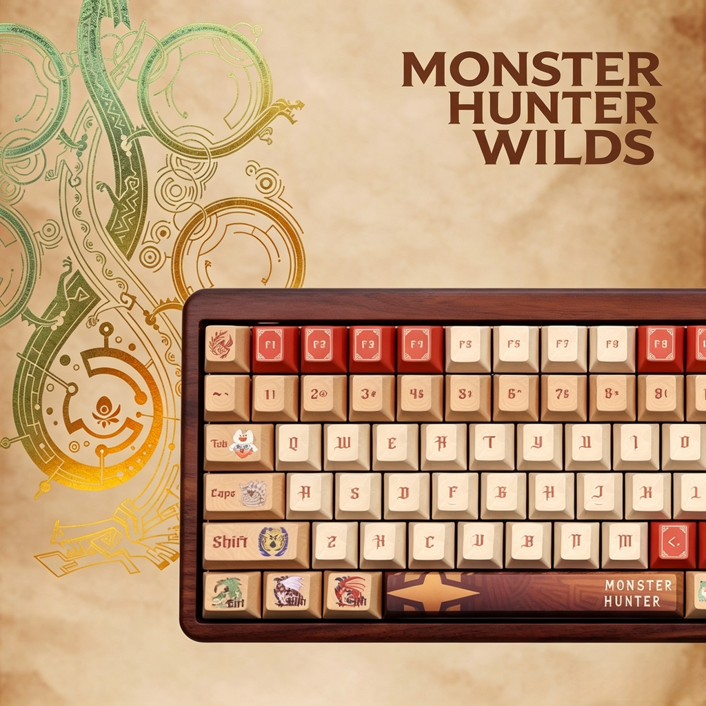 detailed-monster-hunter-inspired-keycaps-with-guild-emblems-monster-tracking-icons-and-vintage-game-style-patterns
