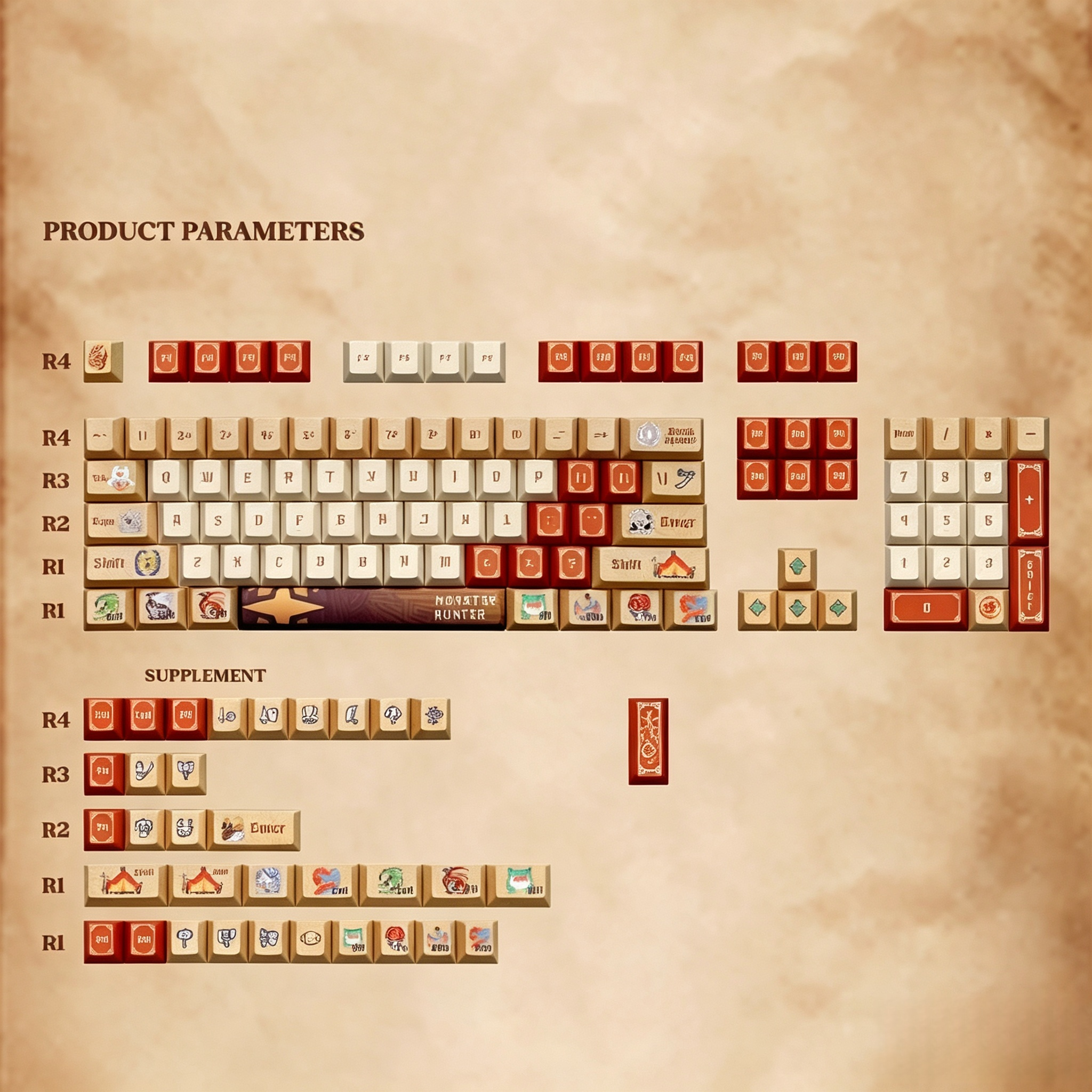monster-hunter-inspired-pbt-keycap-set-installed-on-mechanical-keyboard-for-gaming-station-and-adventure-themed-workspace