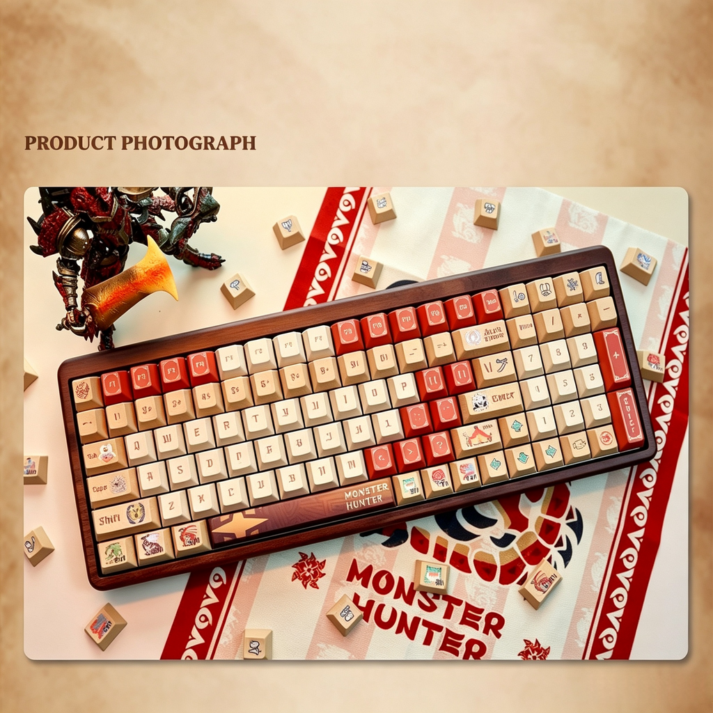 monster-hunter-inspired-pbt-keycap-set-with-vintage-guild-design-parchment-beige-and-crimson-red-colors-for-gaming-mechanical-keyboards