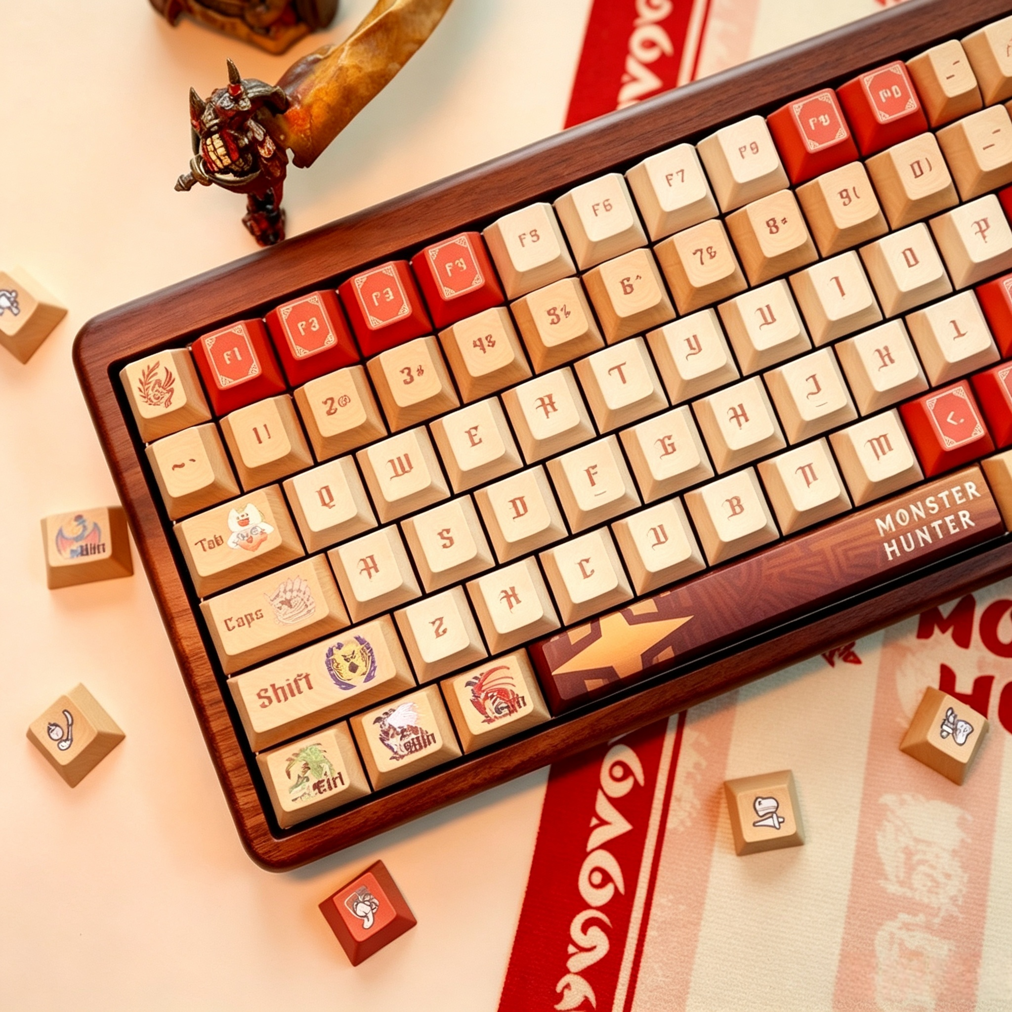 detailed-monster-hunter-inspired-keycaps-with-guild-emblems-monster-tracking-icons-and-vintage-game-style-patterns