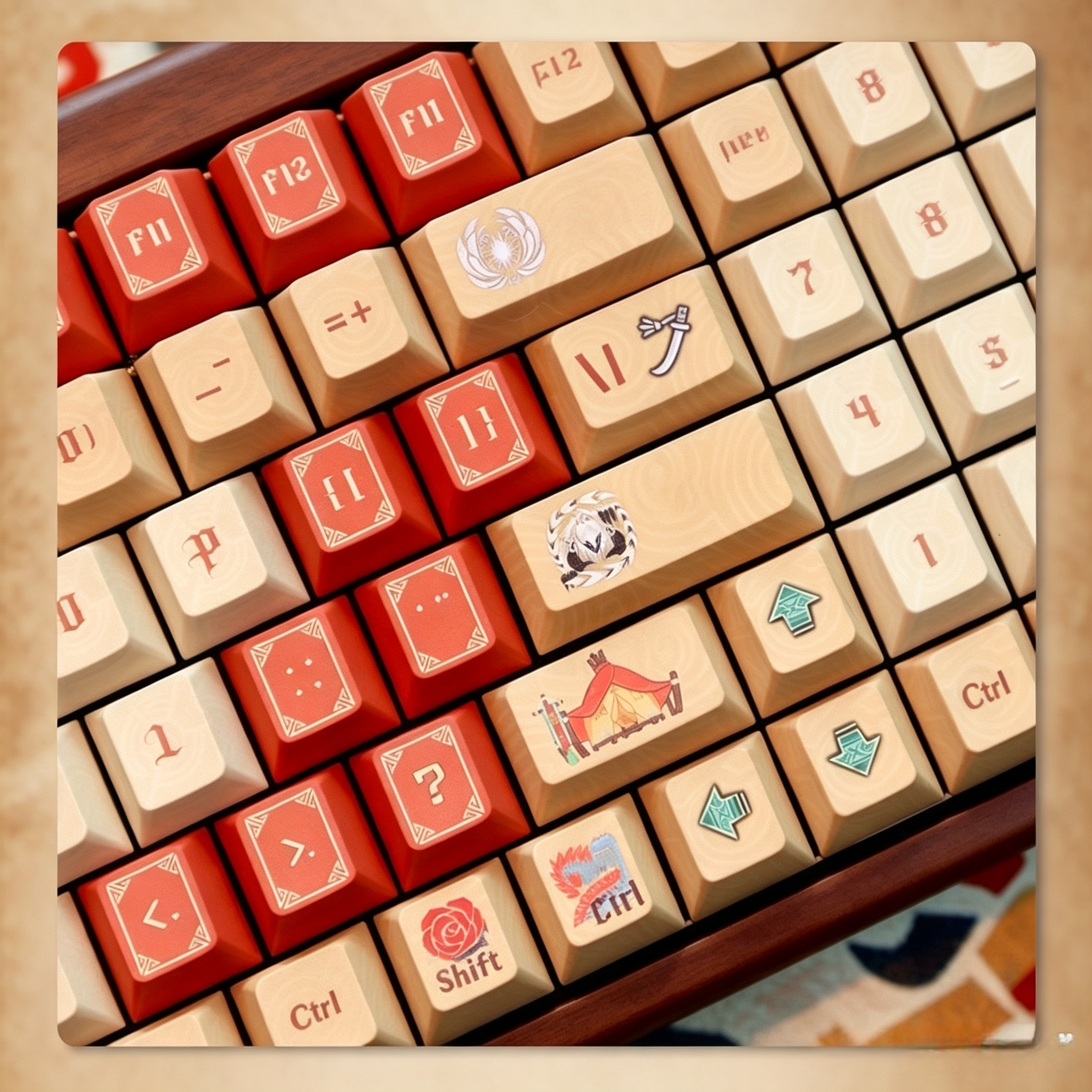 parchment-beige-and-crimson-red-pbt-keycap-set-with-vintage-guild-style-design-for-gaming-keyboards-and-themed-desk-setups
