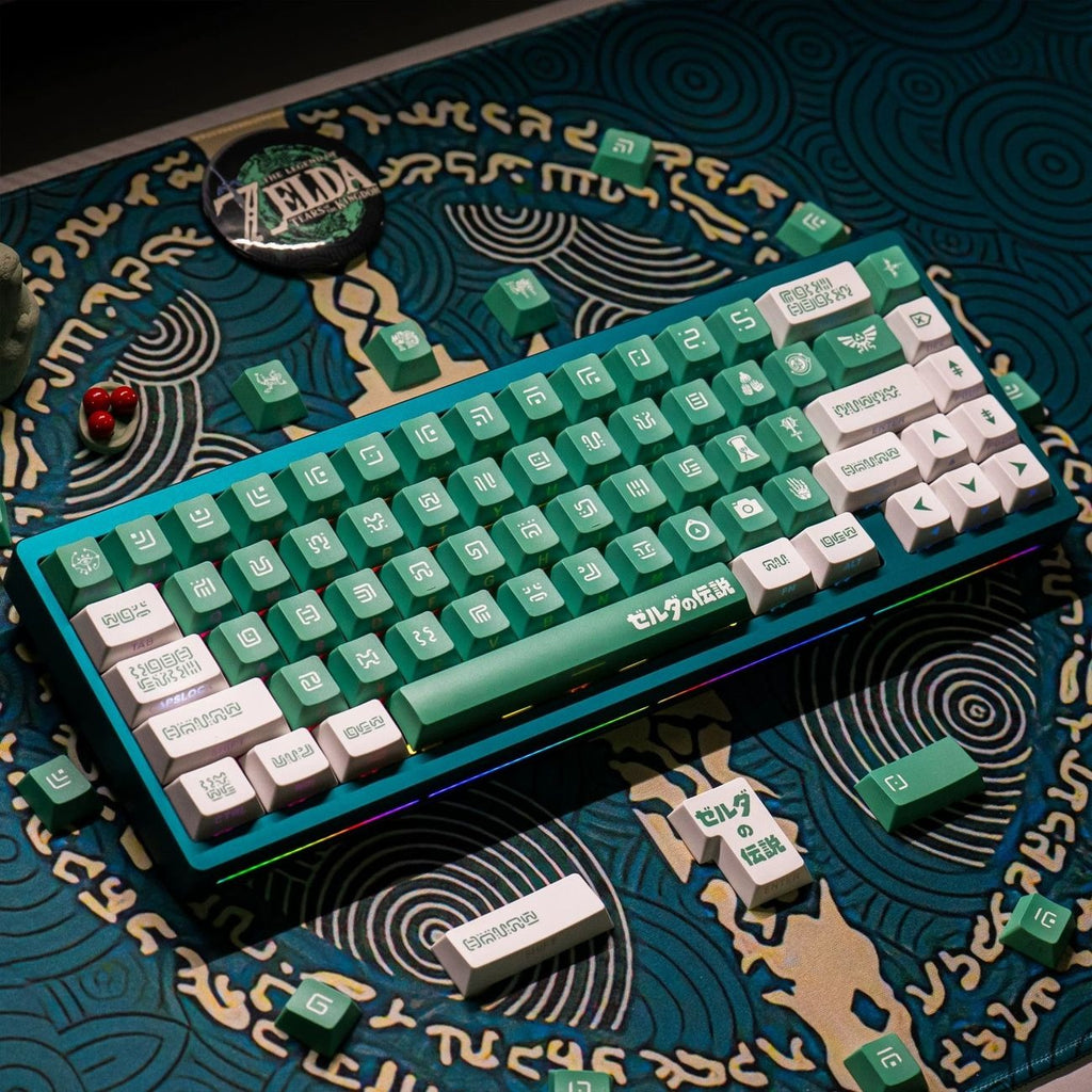 Custom mechanical keyboard featuring Nico Hika fantasy adventure keycaps for gaming setups and themed desktop environments
