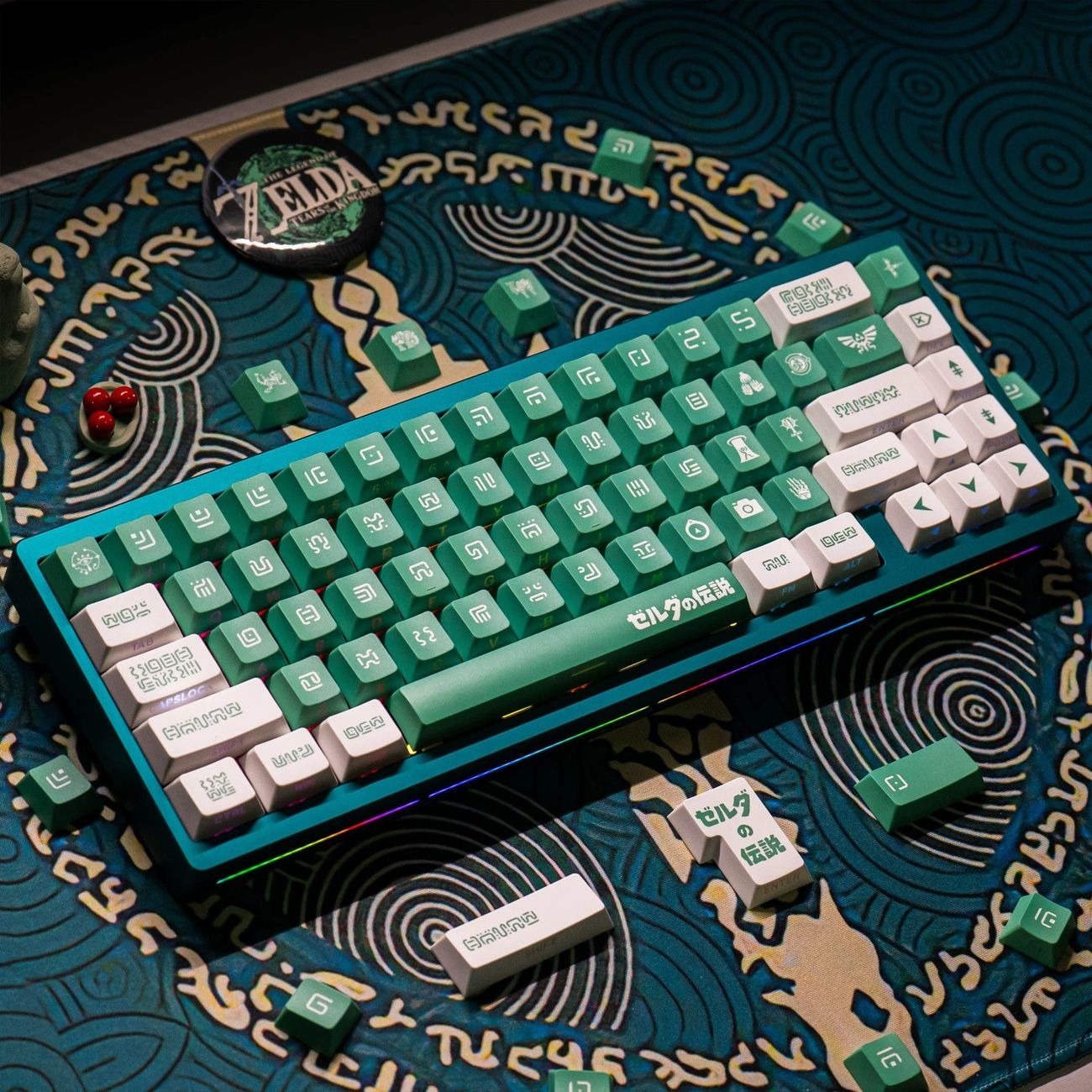 Custom mechanical keyboard featuring Nico Hika fantasy adventure keycaps for gaming setups and themed desktop environments
