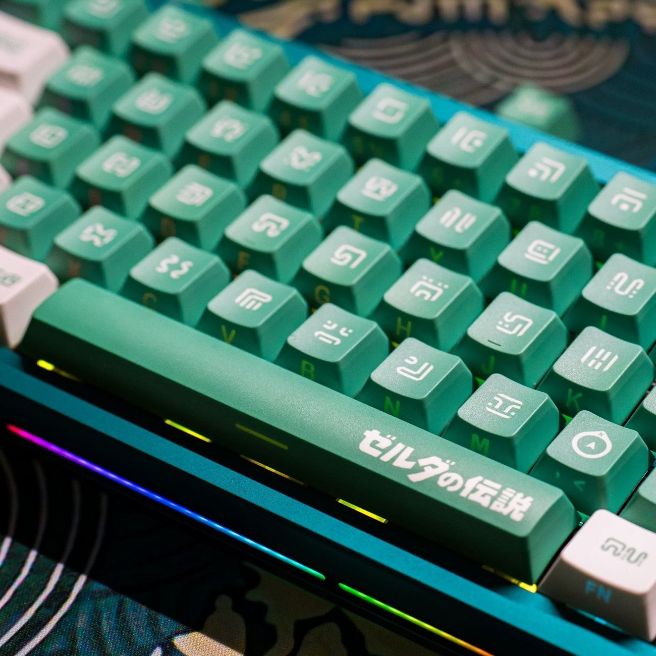143 key Nico Hika PBT keycap set with green and white fantasy themed design inspired by adventure and ancient technology aesthetics