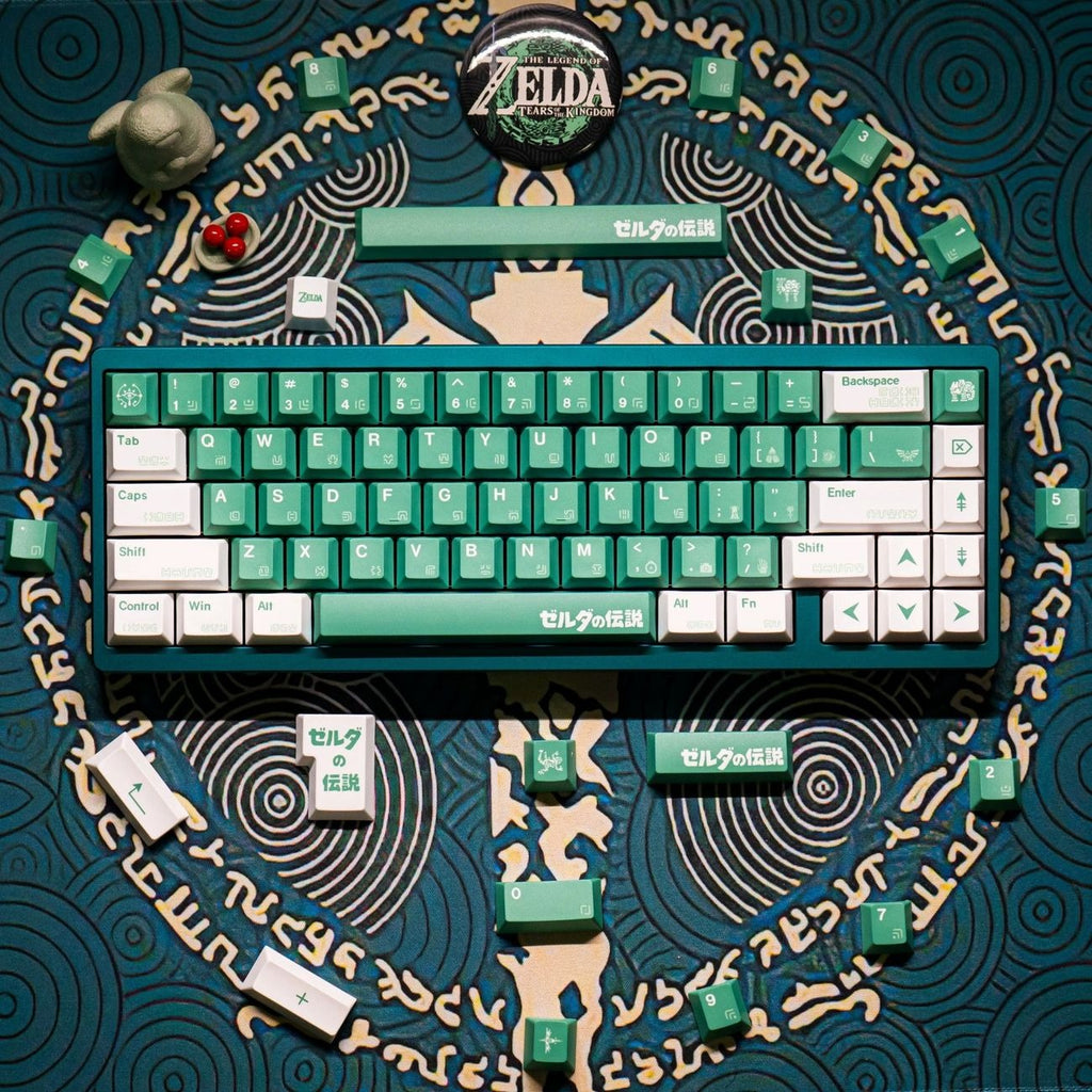 Nico Hika Zelda inspired PBT keycap set featuring emerald green and white colors with fantasy adventure design for mechanical keyboards