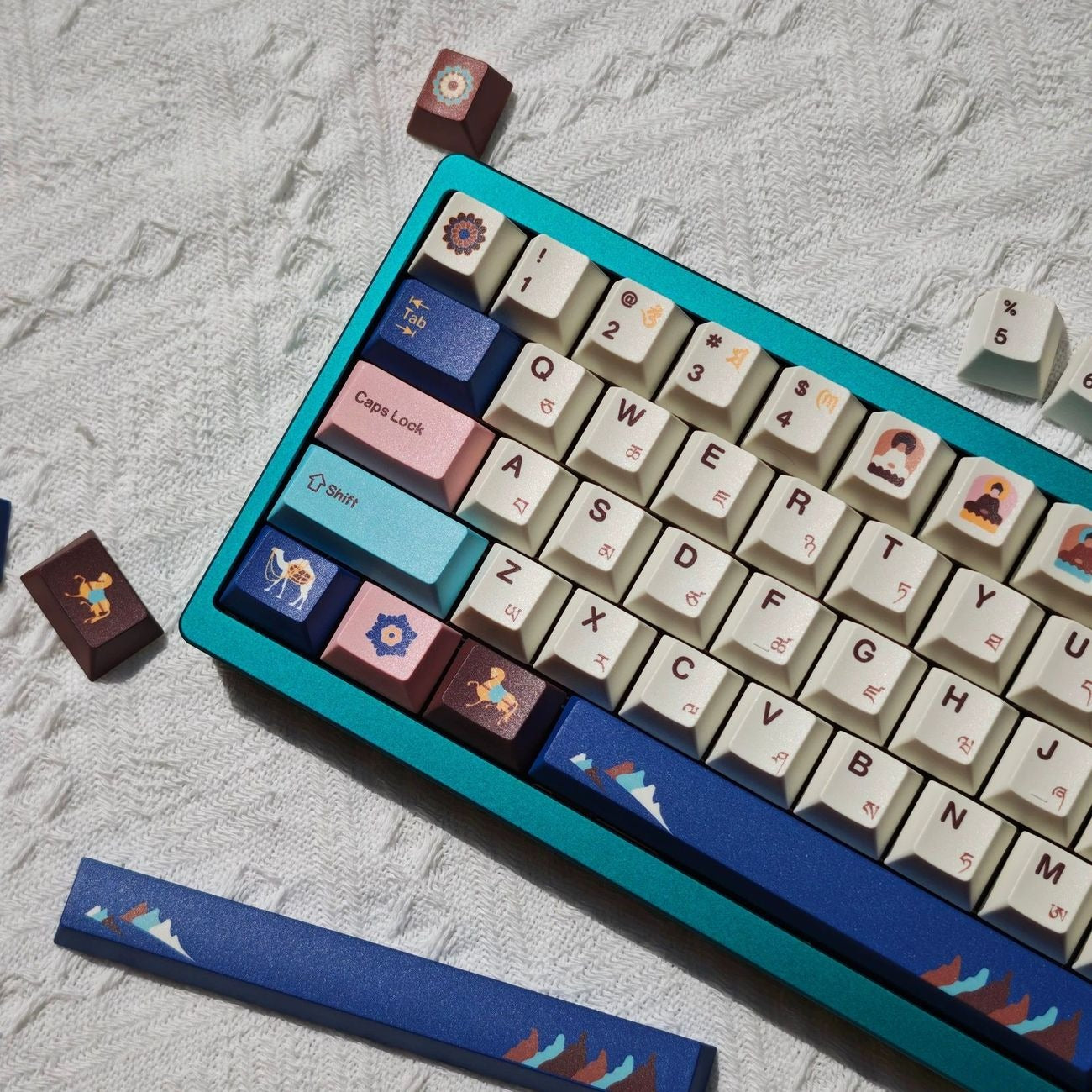 NICO Tibetan Theme keycap spacebar featuring landscape inspired artwork and traditional decorative elements
