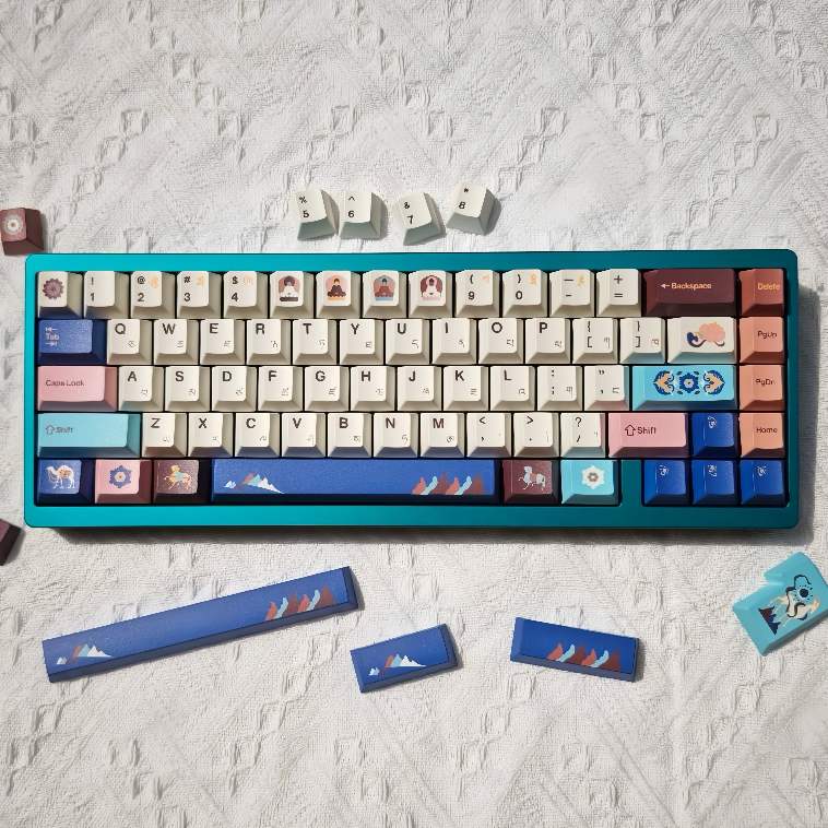 NICO Tibetan Theme Nine Color PBT keycap set featuring traditional inspired patterns, colorful accents, and cultural artwork for mechanical keyboards