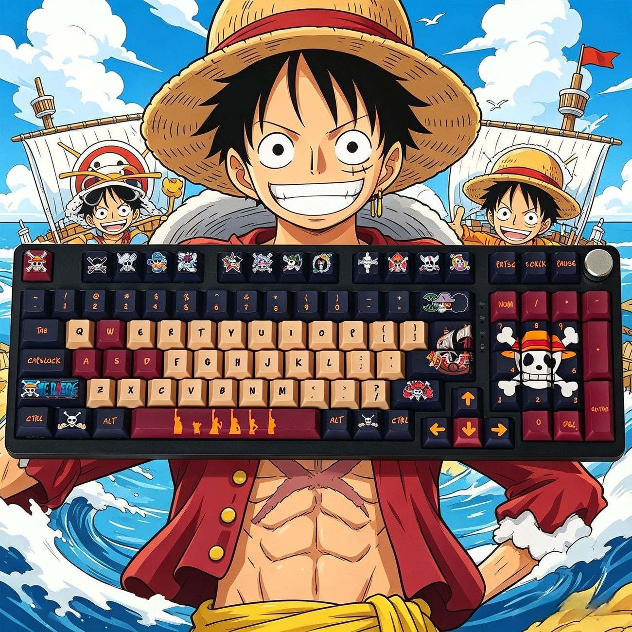 one-piece-inspired-pirate-king-pbt-keycap-set-with-straw-hat-pirate-design-character-art-and-ocean-theme-for-mechanical-keyboards